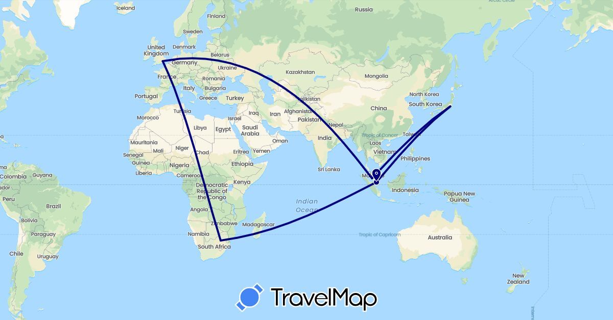 TravelMap itinerary: driving in United Kingdom, Japan, Malaysia, Singapore, South Africa (Africa, Asia, Europe)